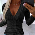 Women’s Pleated V-Neck Long Sleeve Top in Black - Image 4