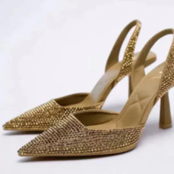Women Pointed Toe Rhinestone Slingback Heels Elegant Gold Stiletto - Image 2
