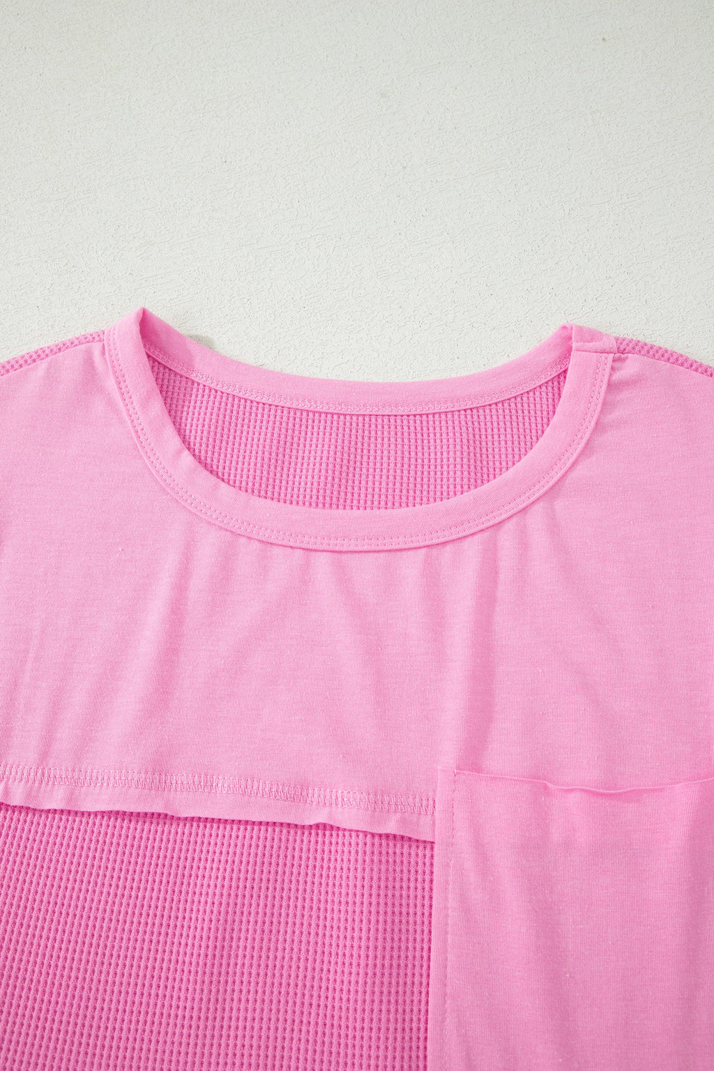 Waffle Patchwork Raw Seam Short Sleeve T-Shirt in Pink