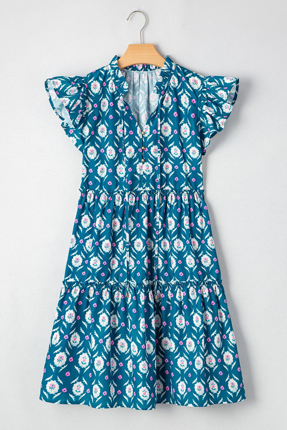 Women's Floral Split Neck Ruffle Sleeve Mini Dress