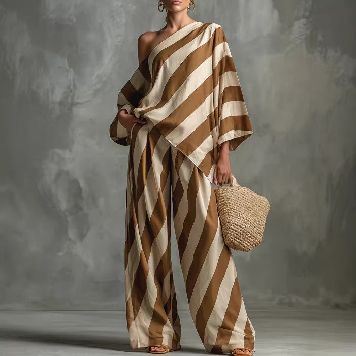 Women's Striped One-Shoulder Top and Wide-Leg Pants Set - Image 3