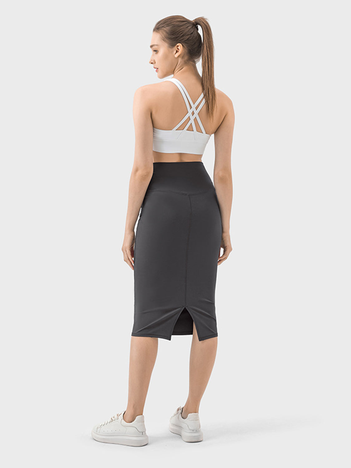 Brown Slit Wrap Active Skirt Stretchy Midi Athletic Skirt - Image 15