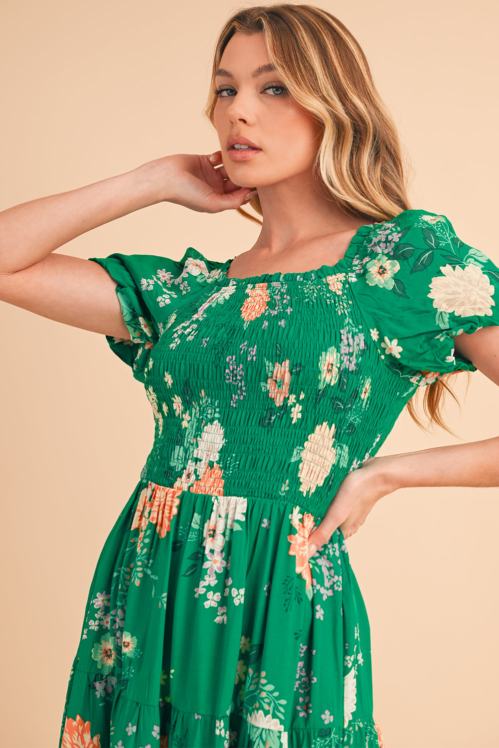 Green Floral Bubble Sleeve Smocked Midi Dress | Viscose