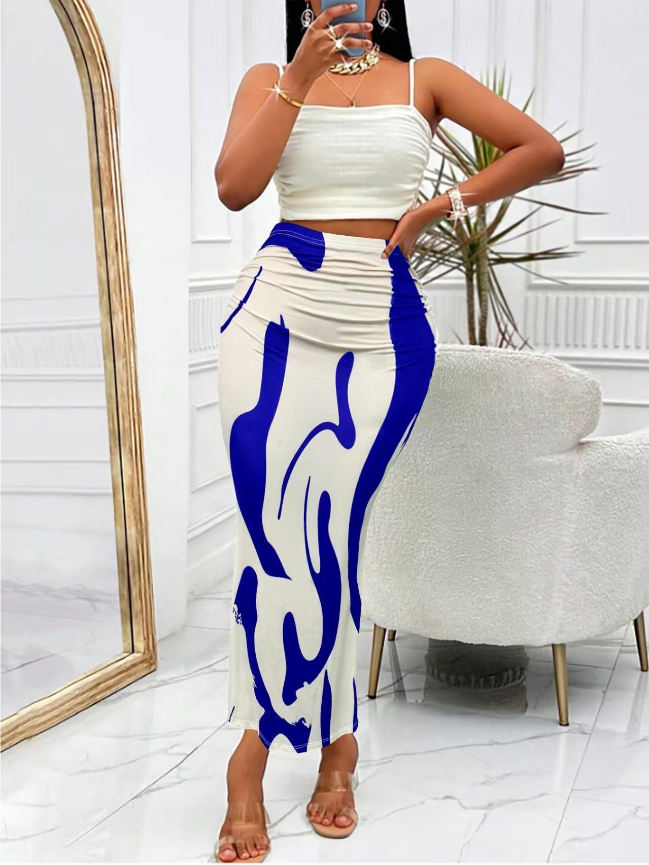 Women's High-Waisted Zebra Print Midi Skirt - Fitted Bodycon