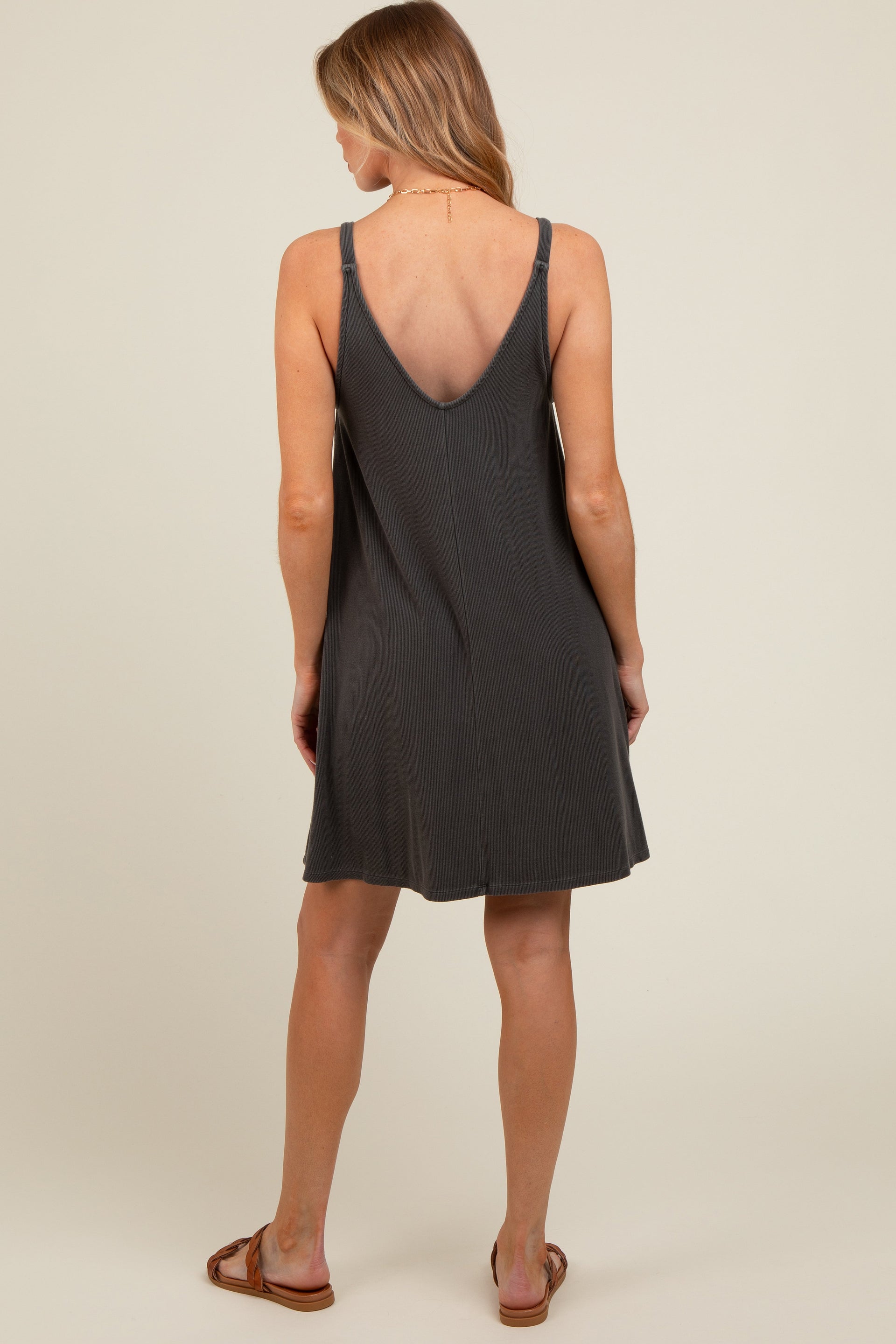 Charcoal Ribbed Sleeveless Front Seam Maternity Dress