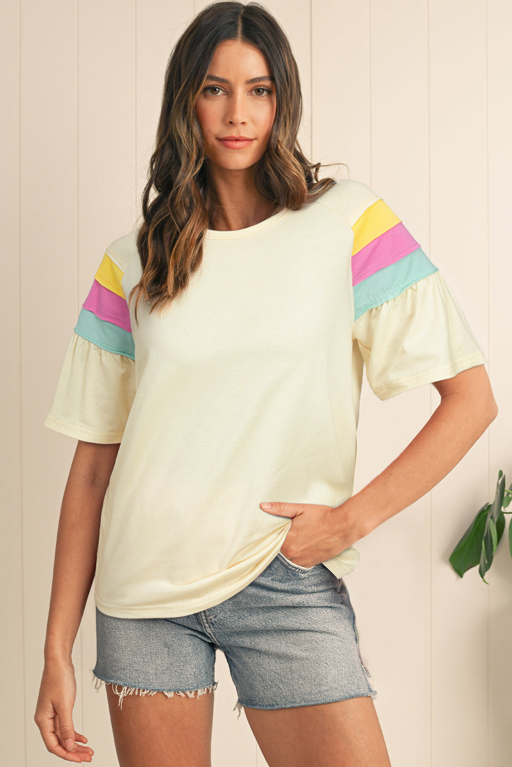 Women White Colorblock Striped T-Shirt with Flounce Sleeves - Image 3