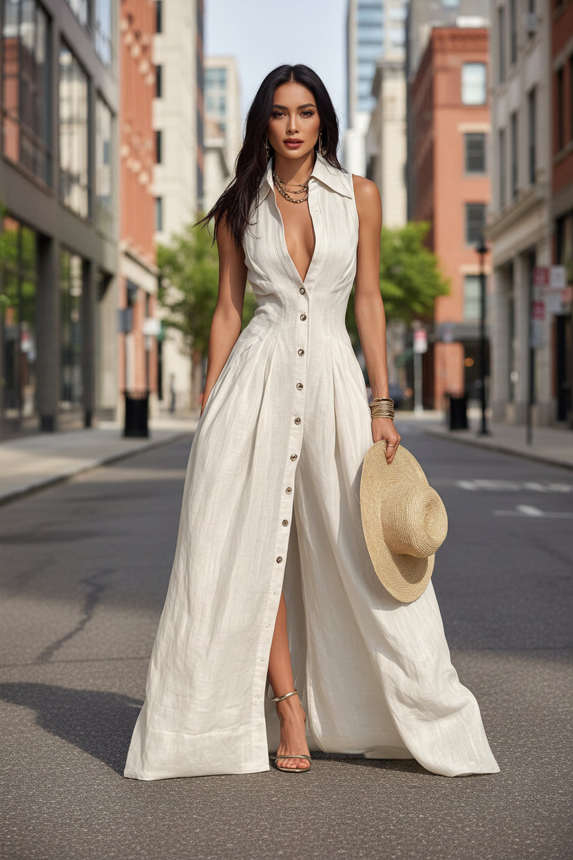 Women's Sleeveless Button-Down Maxi Dress with Lapel Collar - Image 2