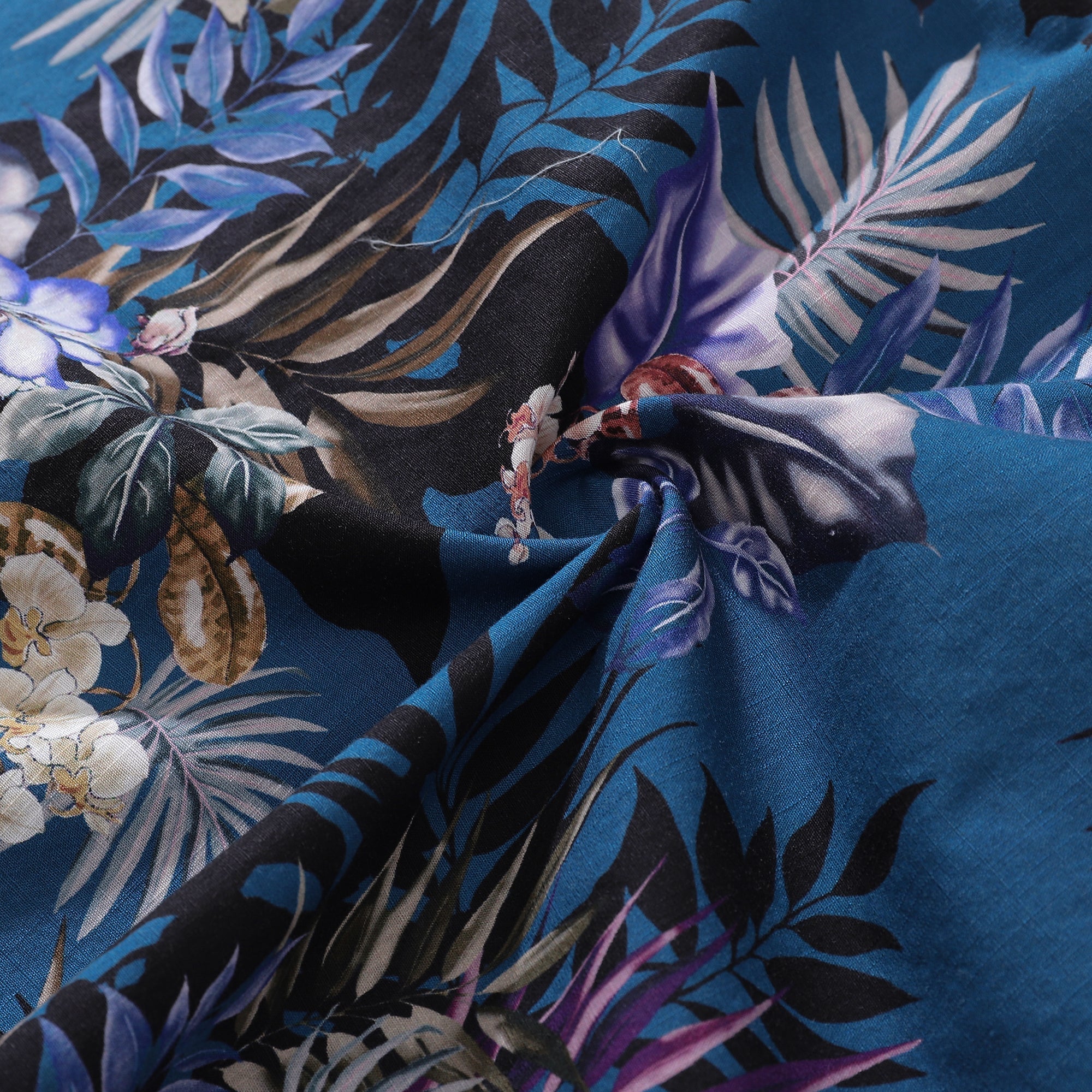 Dark Blue Hand-Painted Orchid Floral Cotton Button-Down Shirt