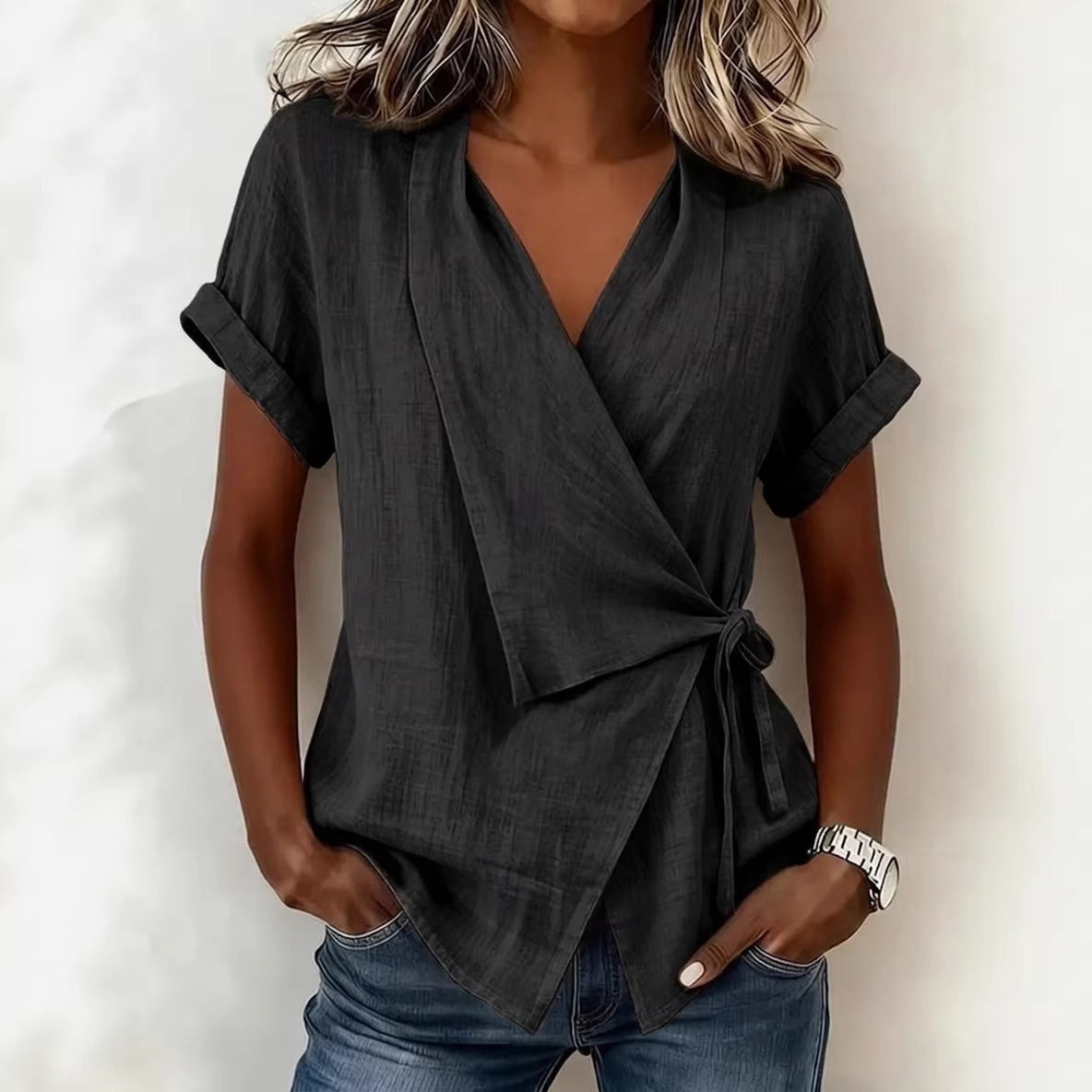 Women's Casual Lapel Collar Lace-Up Linen Blend Short-Sleeve Top - Image 2