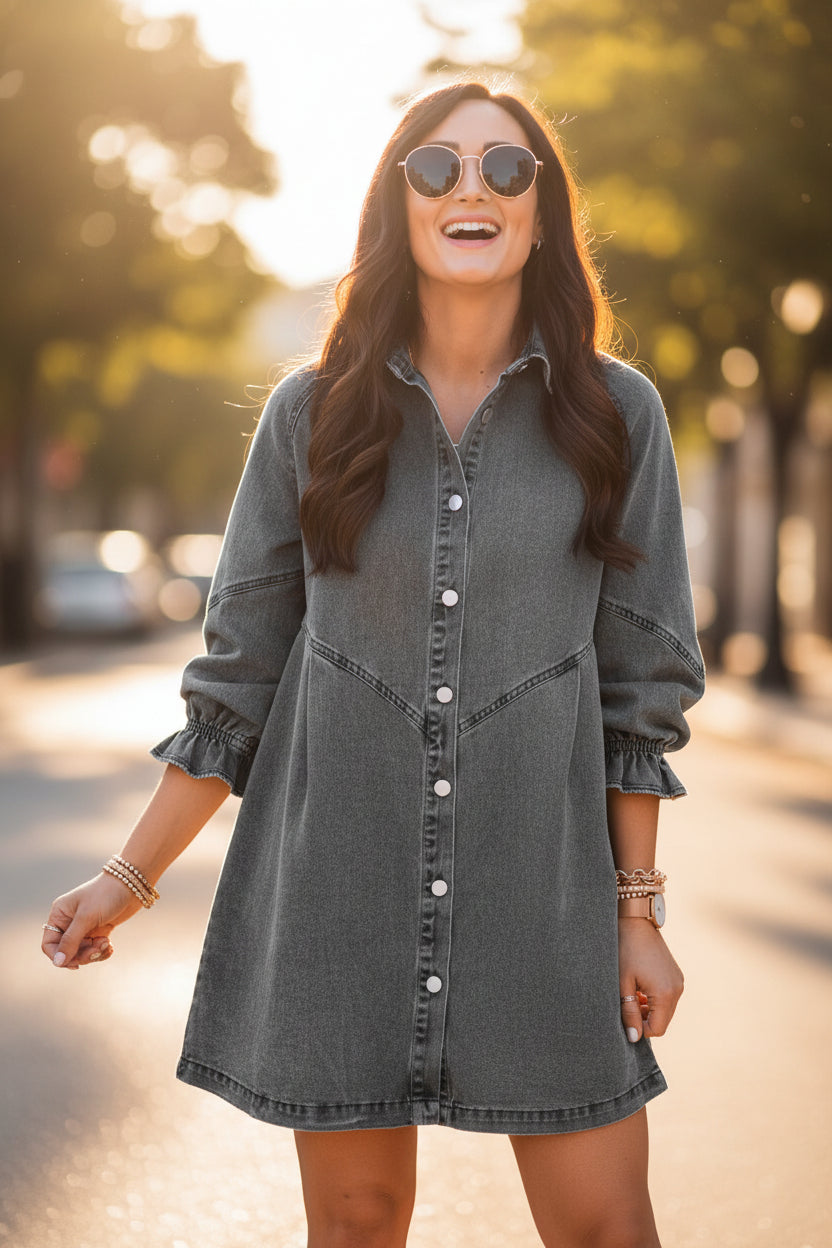 Women's Denim Mid-Length Dress with Three-Quarter Sleeves