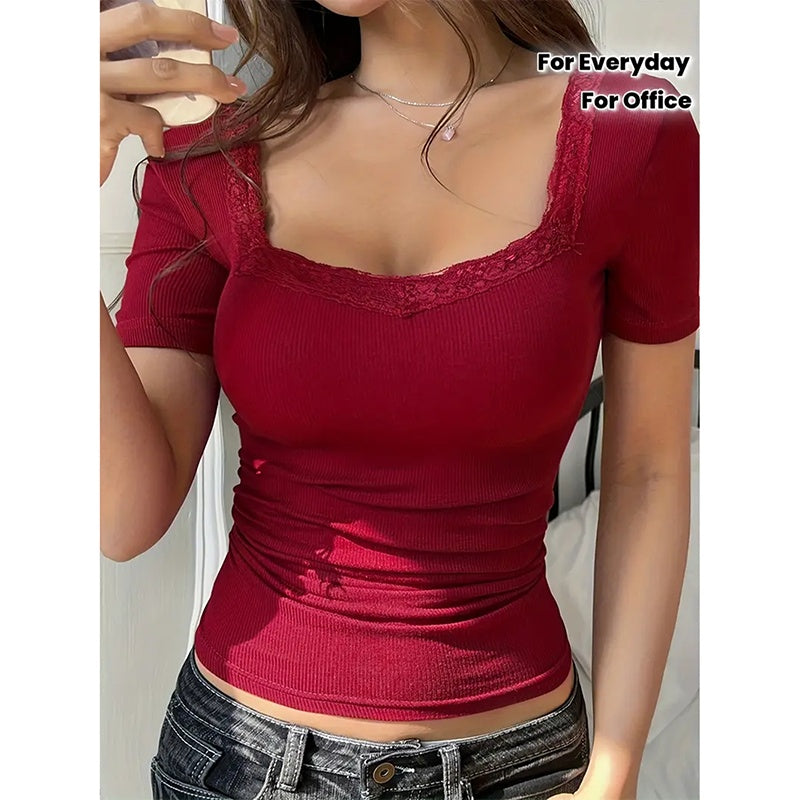 Y2K Lace Trim Slim Fit Tee U-Neck Short Sleeve Top