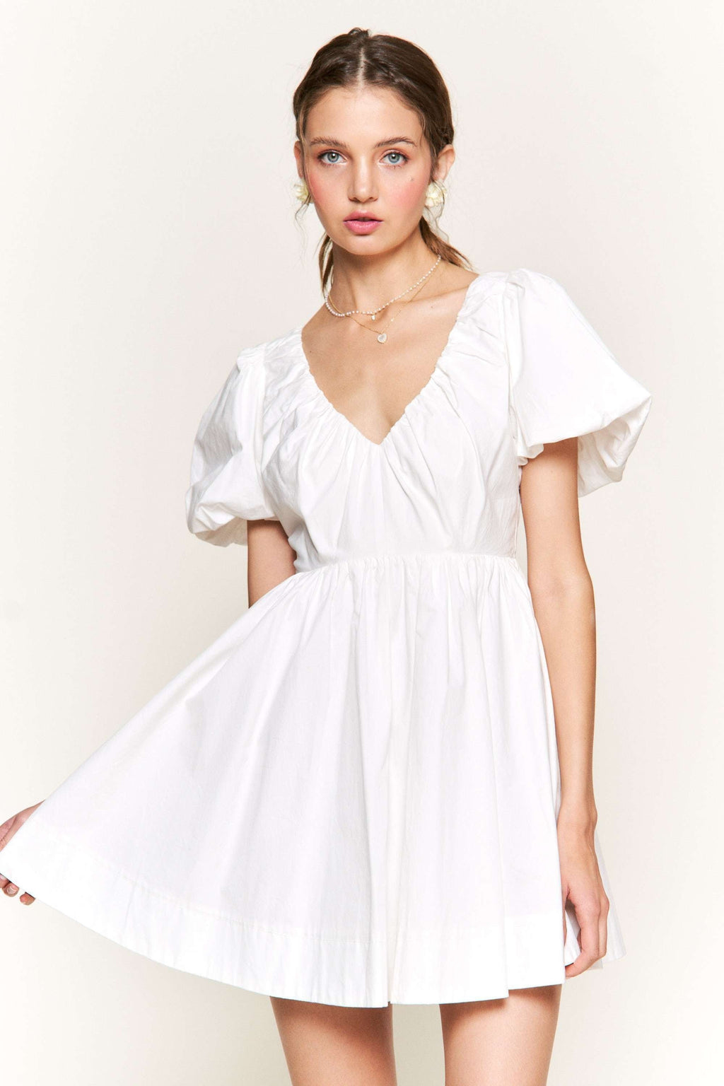 White Puff Sleeve Mini Dress with Ruched Bodice Detail