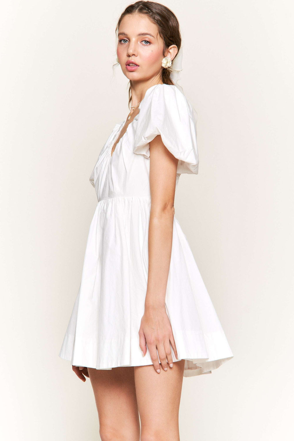 White Puff Sleeve Mini Dress with Ruched Bodice Detail