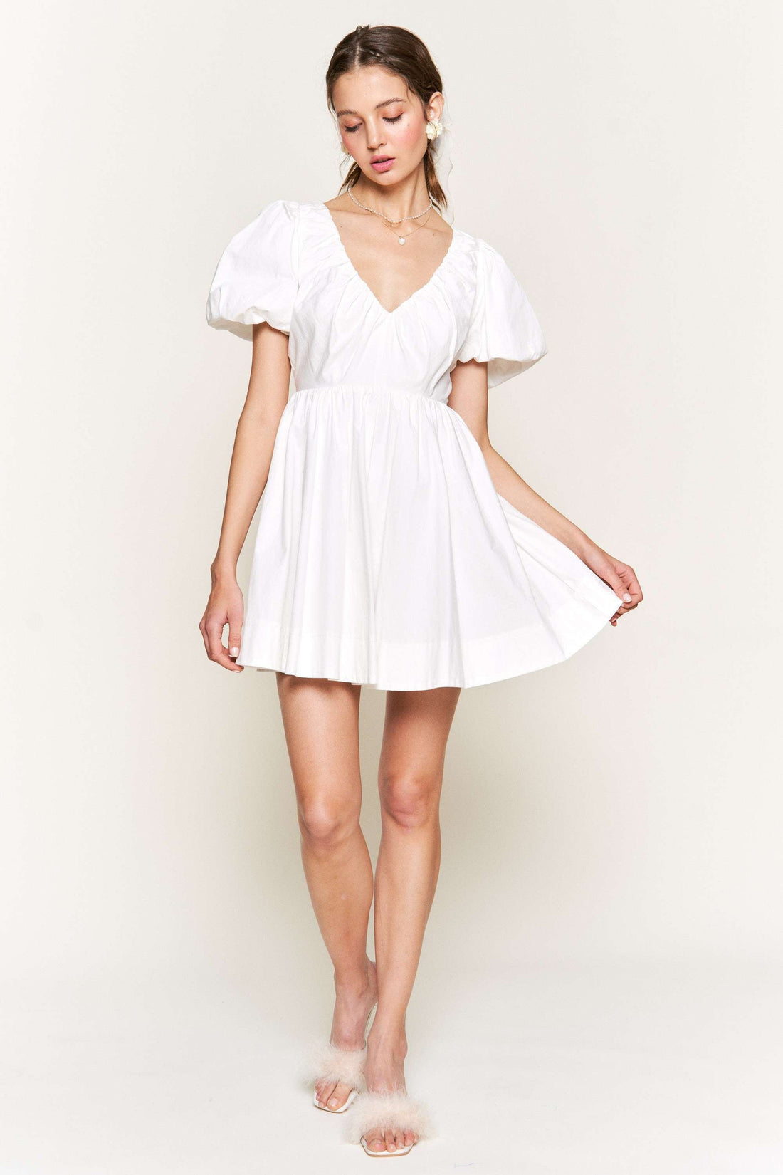 White Puff Sleeve Mini Dress with Ruched Bodice Detail