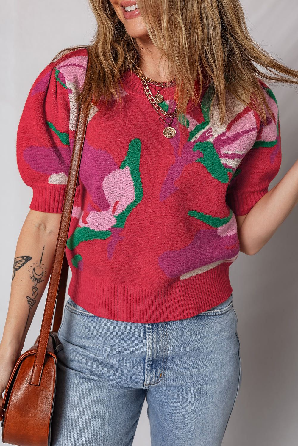 Floral Abstract Short Puff Sleeve Sweater