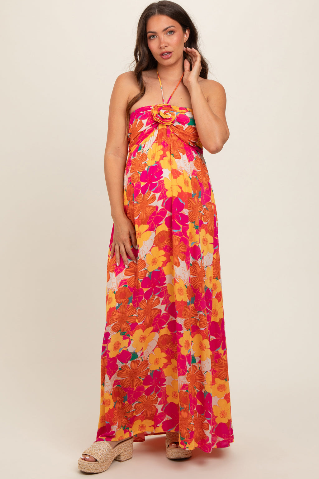 Peach Floral Halter Maternity Maxi Dress