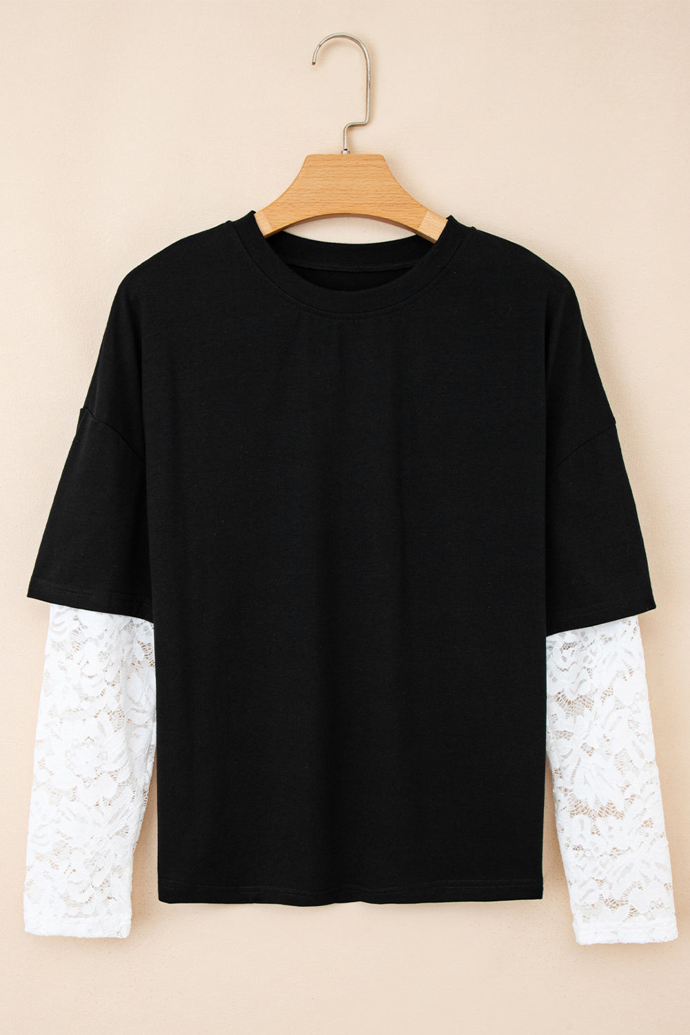Women's Long Sleeve Drop Shoulder Tee with Romantic Lace Inserts