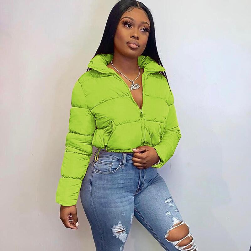 Women's Cropped Orange Harajuku Style Zip-Up Puffer Parka - Image 8