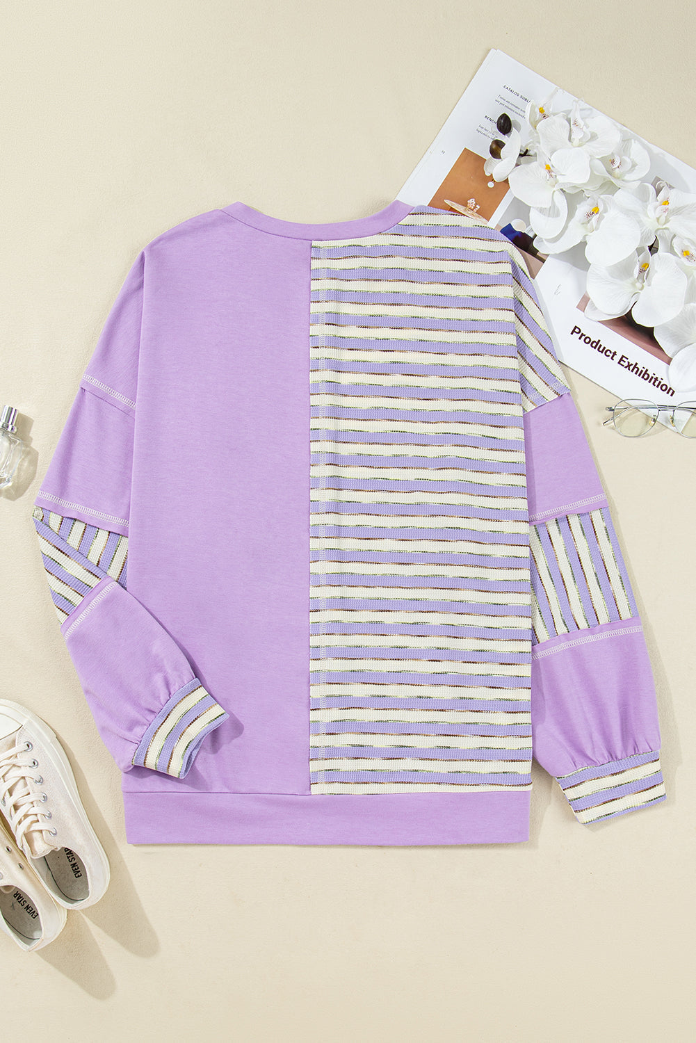 Plus Size Stripe Patchwork Buttoned Drop Shoulder Pullover