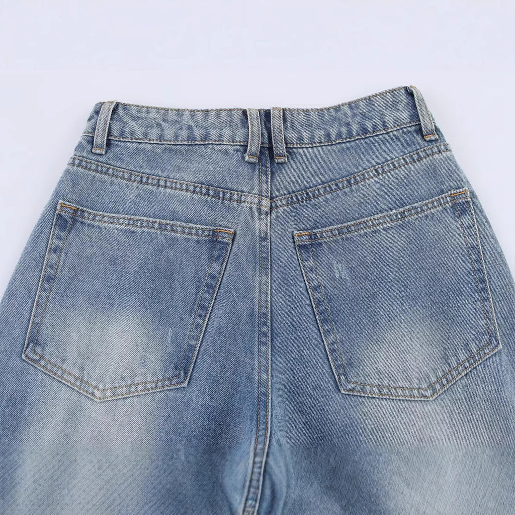 Women's Harajuku Ripped Loose Mid Rise Denim Jeans - Deep Blue - Image 4