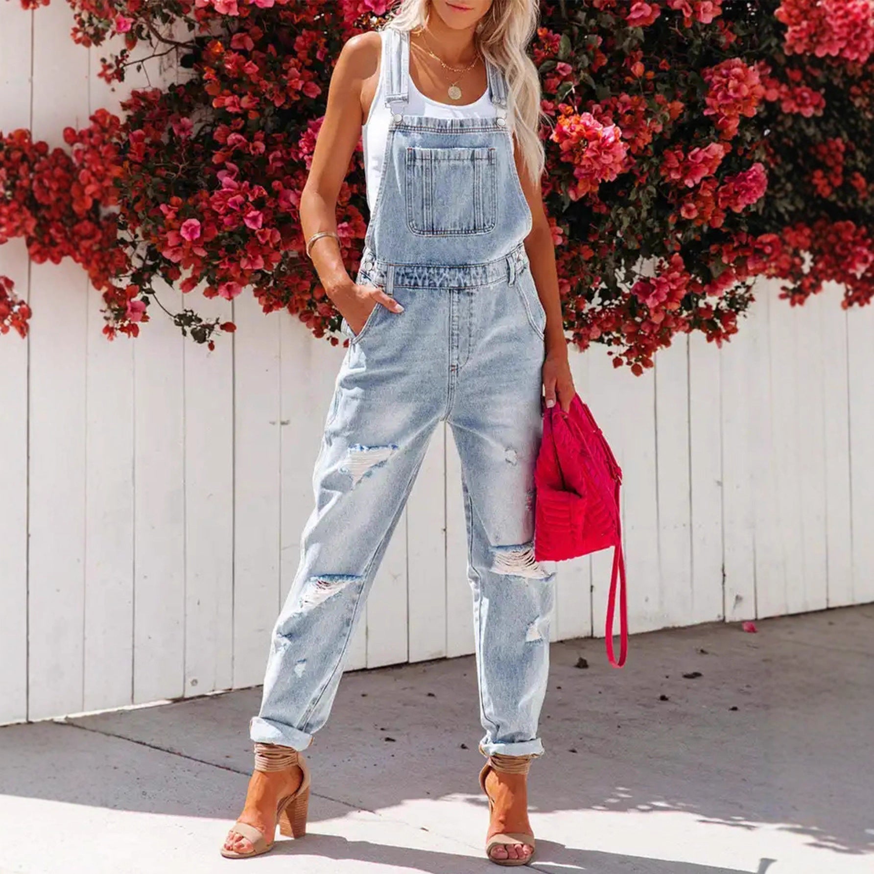 Women's Cropped Ripped Denim Overalls Streetwear Bib Jeans