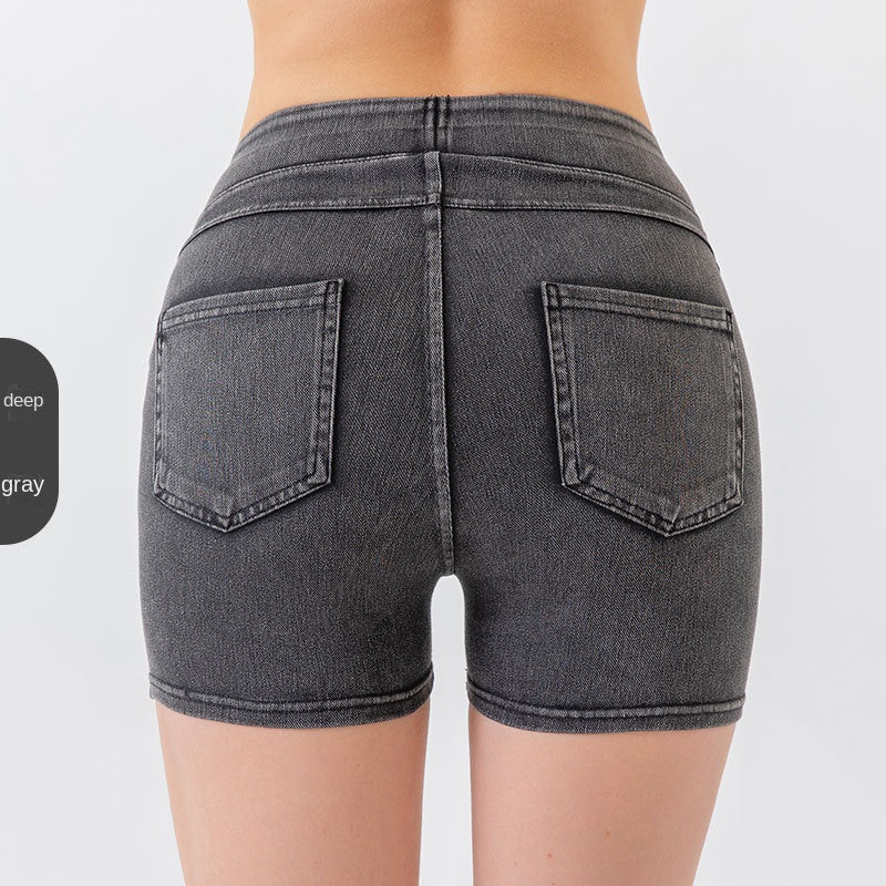 Denim-Look High-Waist Hip-Lifting Yoga Shorts Tummy Control
