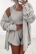 Gray Shirred Hem Crop Tank Top Loose Shorts Cardigan 3 Piece Pajama Set
