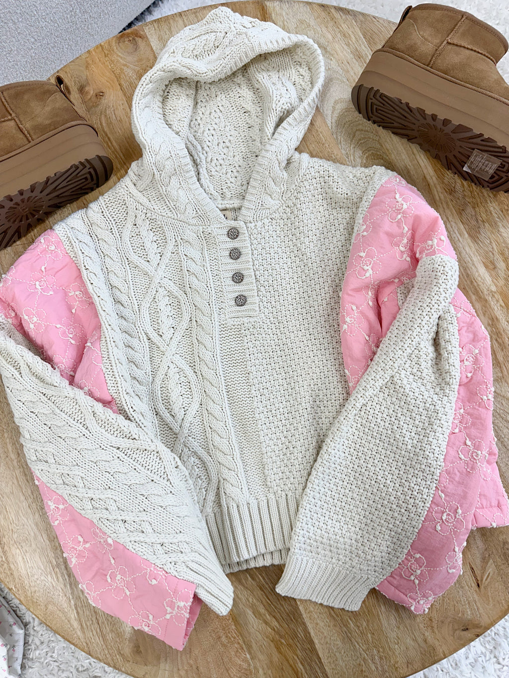 Pink Blossom Quilted Cotton Hoodie Sweater with Metal Buttons