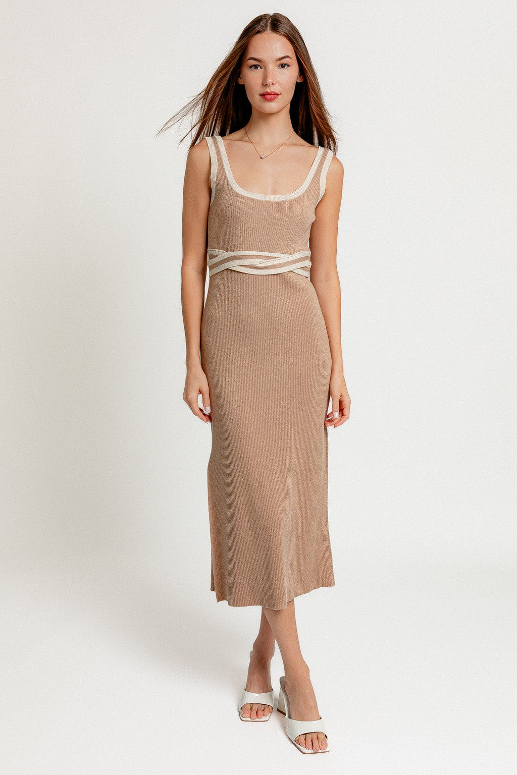 Taupe Ribbed Square Neck Side Slit Maternity Dress