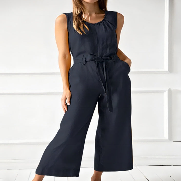 Women's Sleeveless Cotton Tie-Waist Jumpsuit Wide Leg