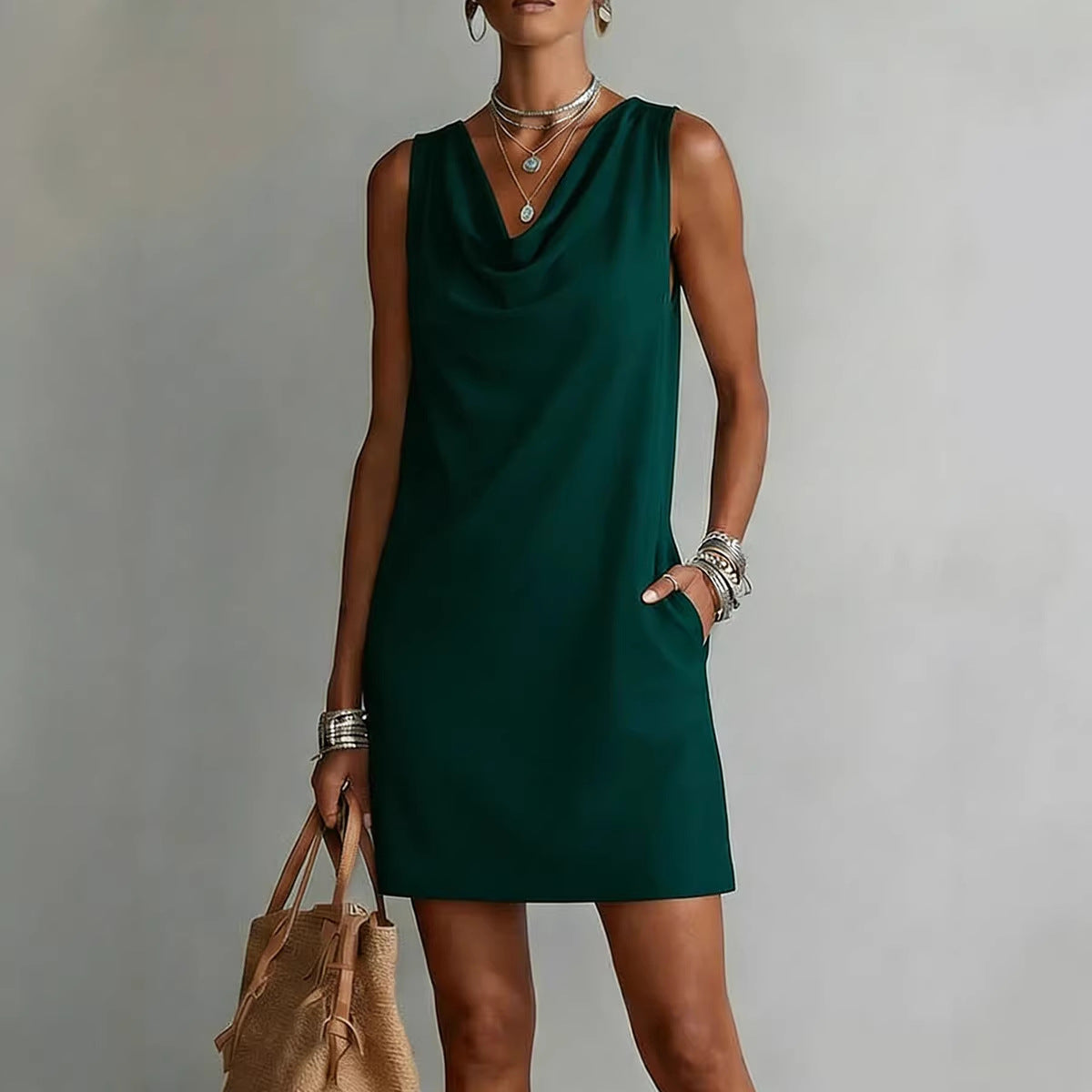 Women's Cowl Neck Sleeveless Mini Dress - Casual Summer Shift - Image 5
