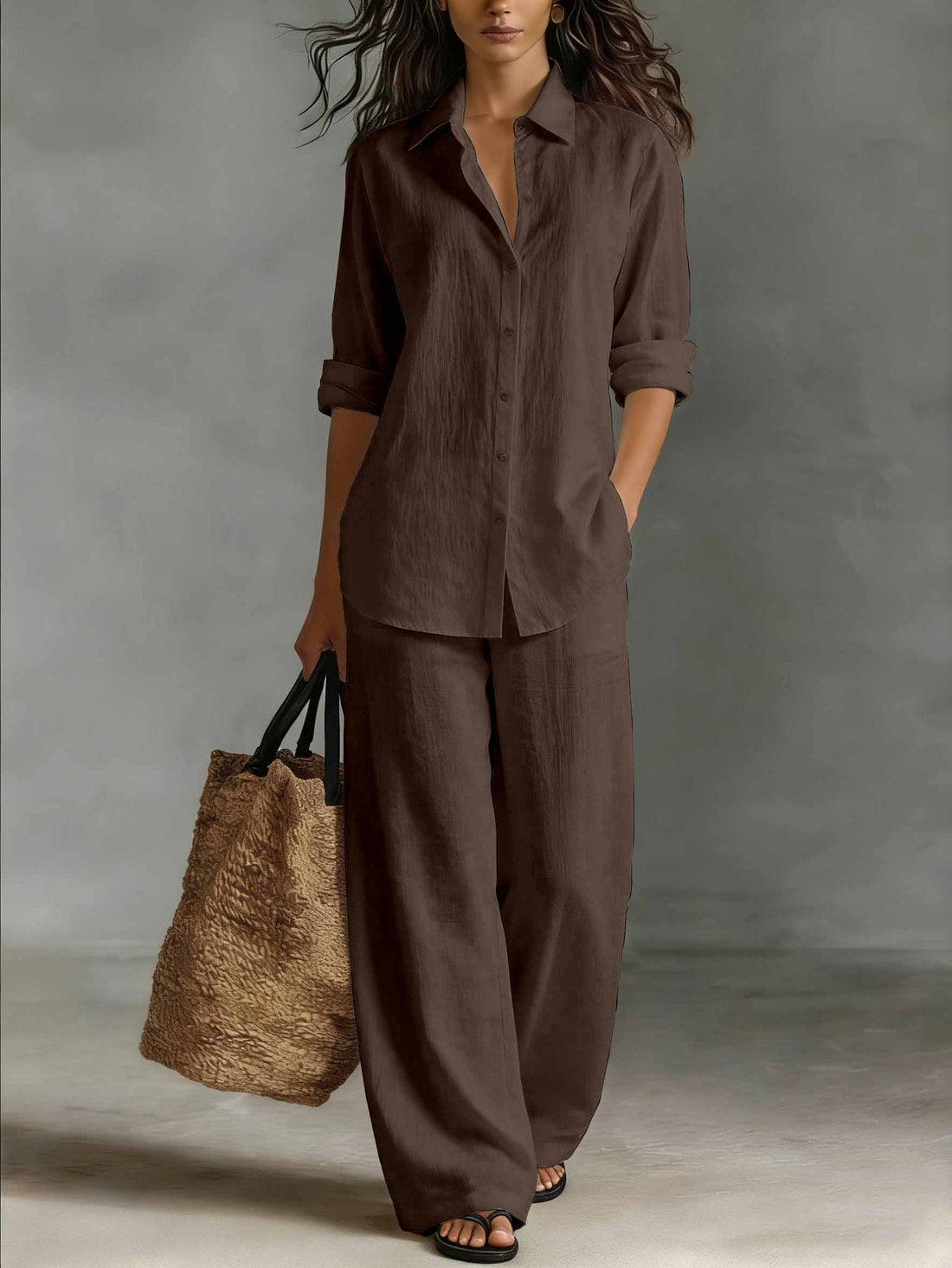 Women's Bohemian Cotton-Linen Button-Down Top and Pant Set - Image 10