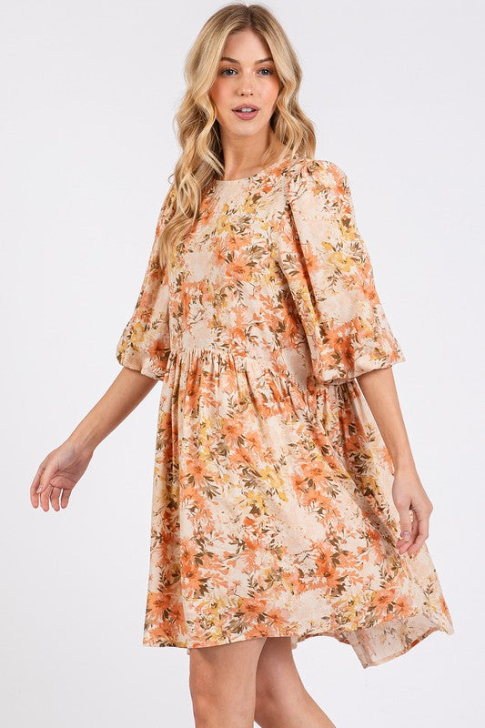 Floral Linen Blend Babydoll Mini Dress in Beige and Orange