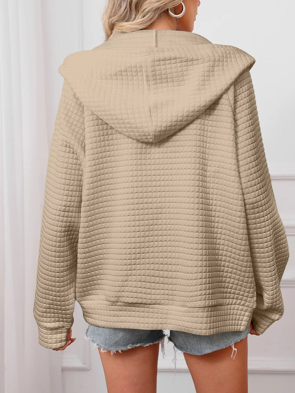 Full Size Textured Quilted Zip-Up Hooded Jacket Plus Size