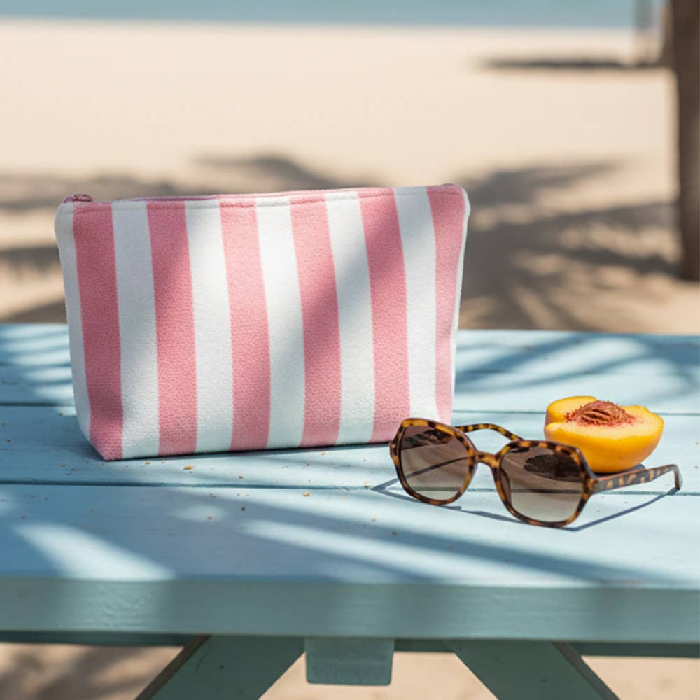 Large Pink Striped Terry Cloth Cosmetic Pouch