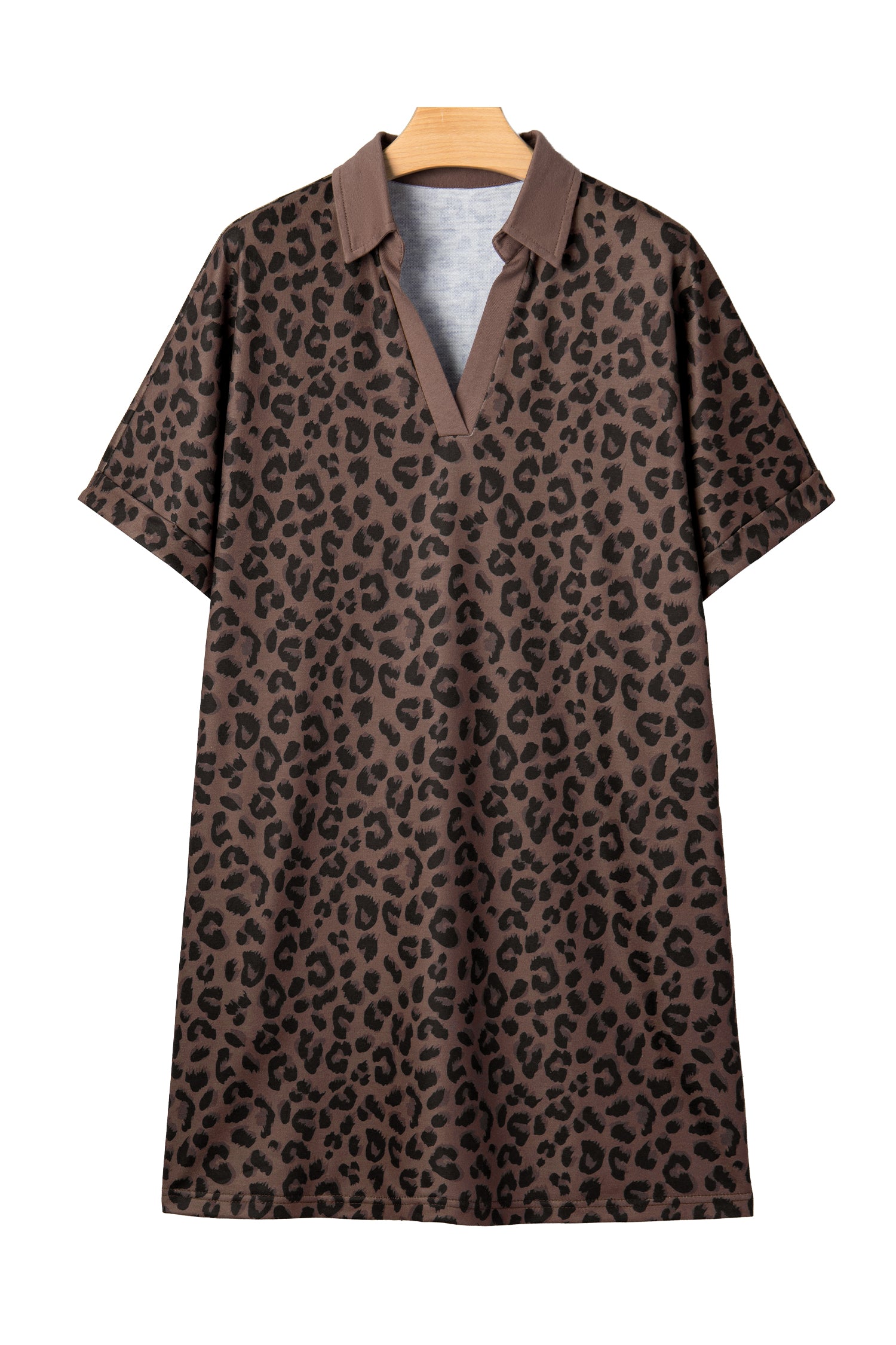 Brown Leopard Print Contrast Collar V-Neck Mini Dress