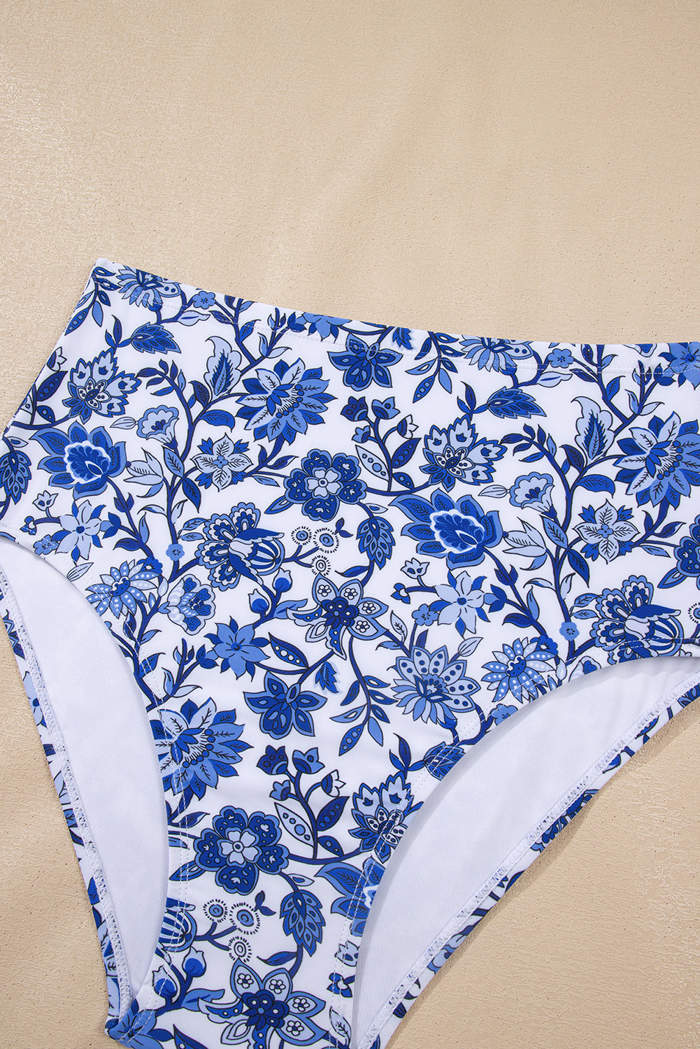Floral Notched Neck Top & High Waist Bikini Set - Blue & White