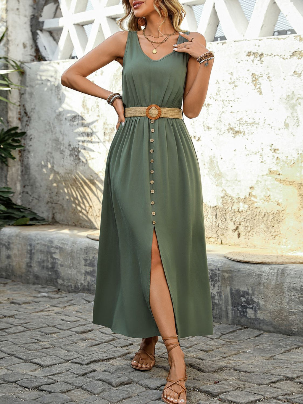 Sleeveless Midi Dress in Olive Green with Decorative Buttons