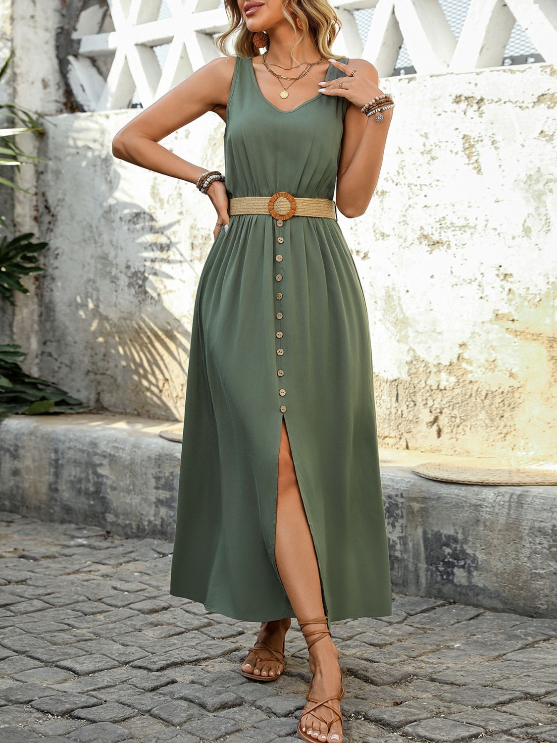 Sleeveless Midi Dress in Olive Green with Decorative Buttons