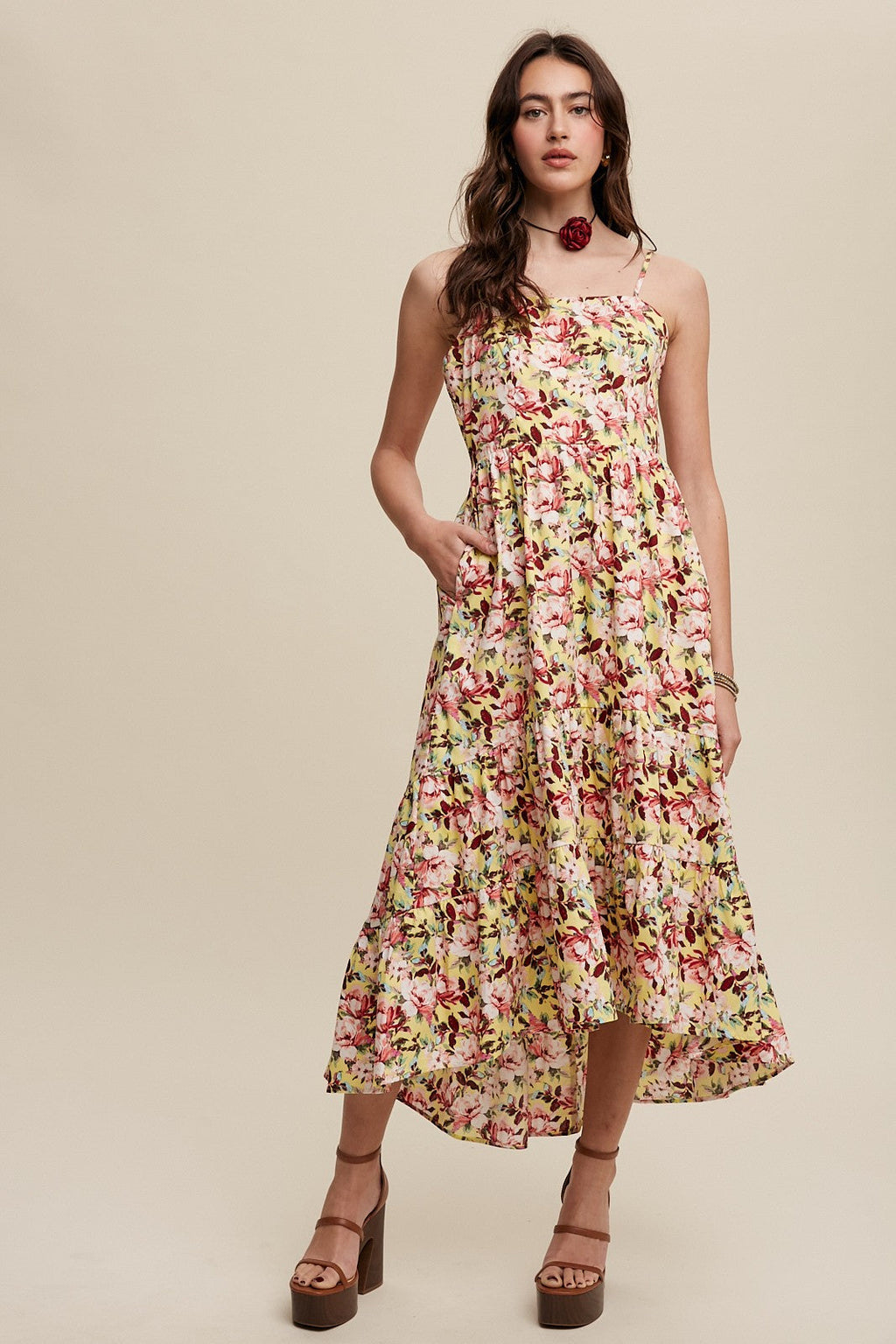 Yellow Floral Tiered Hi-Low Maternity Midi Dress - Image 5