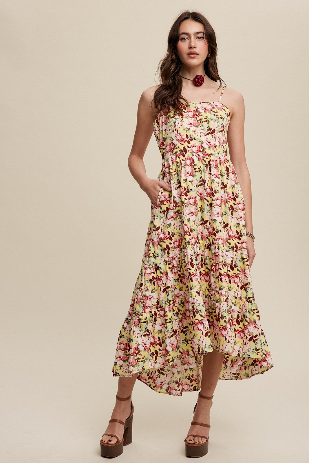 Yellow Floral Tiered Hi-Low Maternity Midi Dress - Image 5