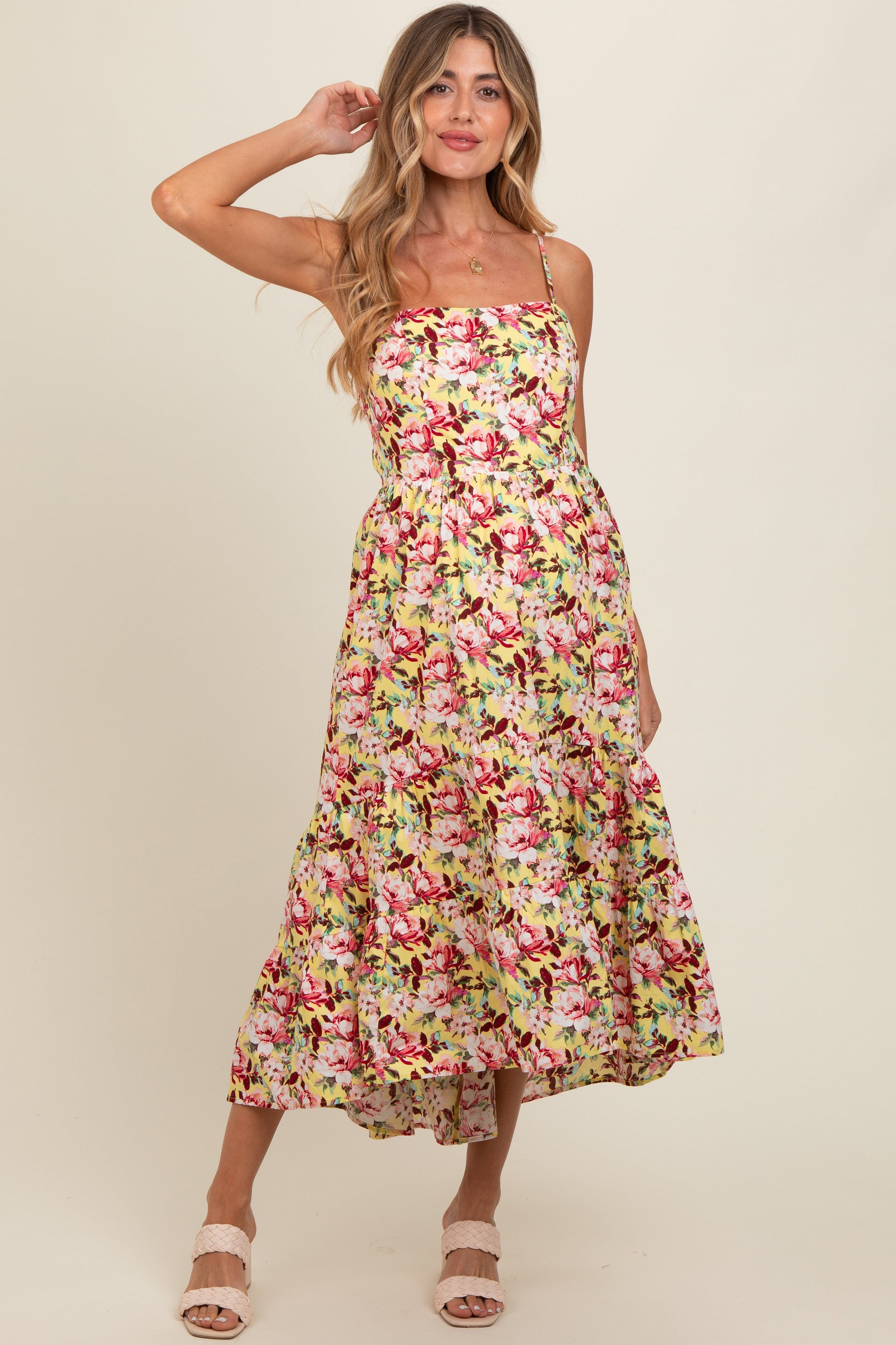 Yellow Floral Tiered Hi-Low Maternity Midi Dress - Image 2
