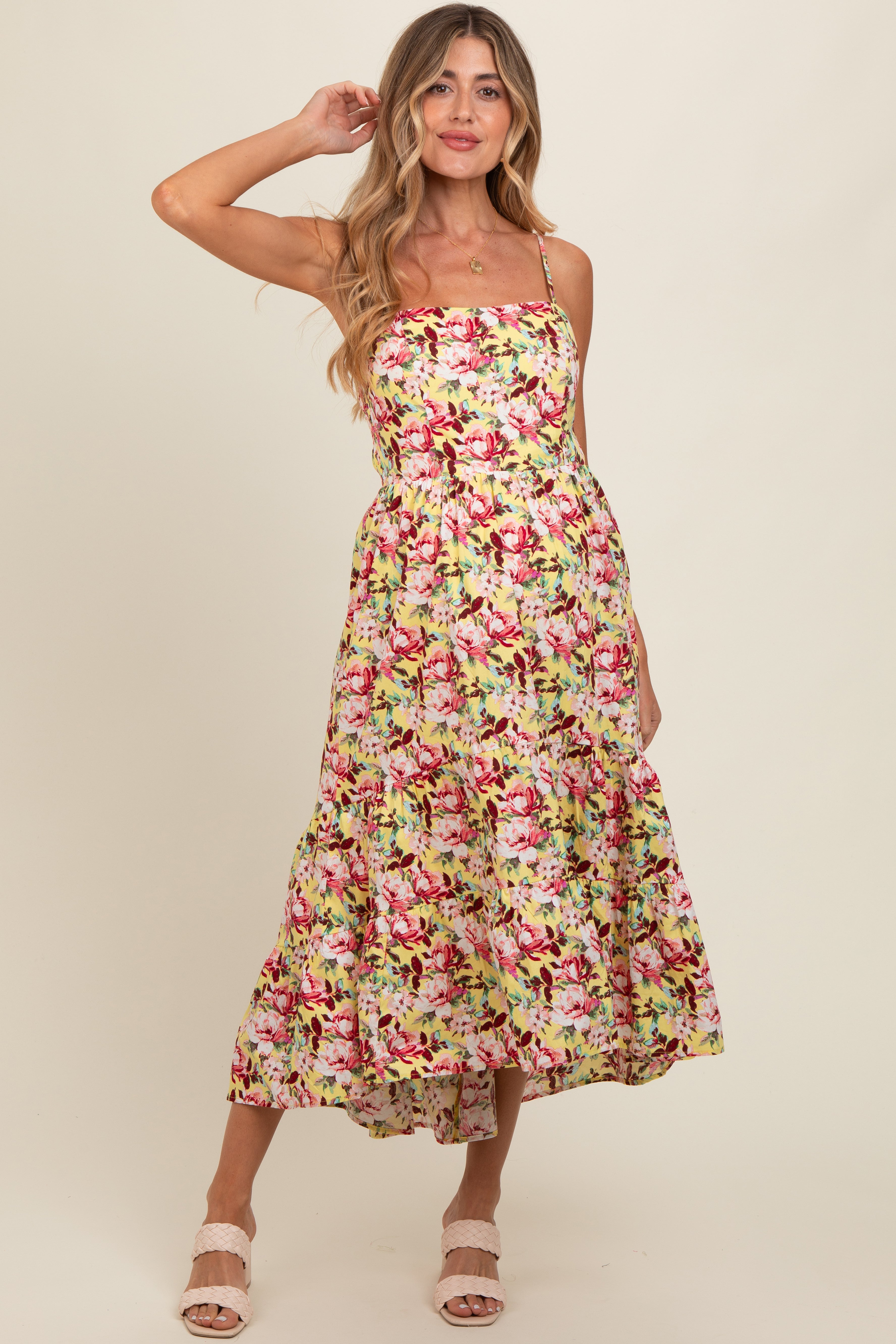 Yellow Floral Tiered Hi-Low Maternity Midi Dress - Image 2