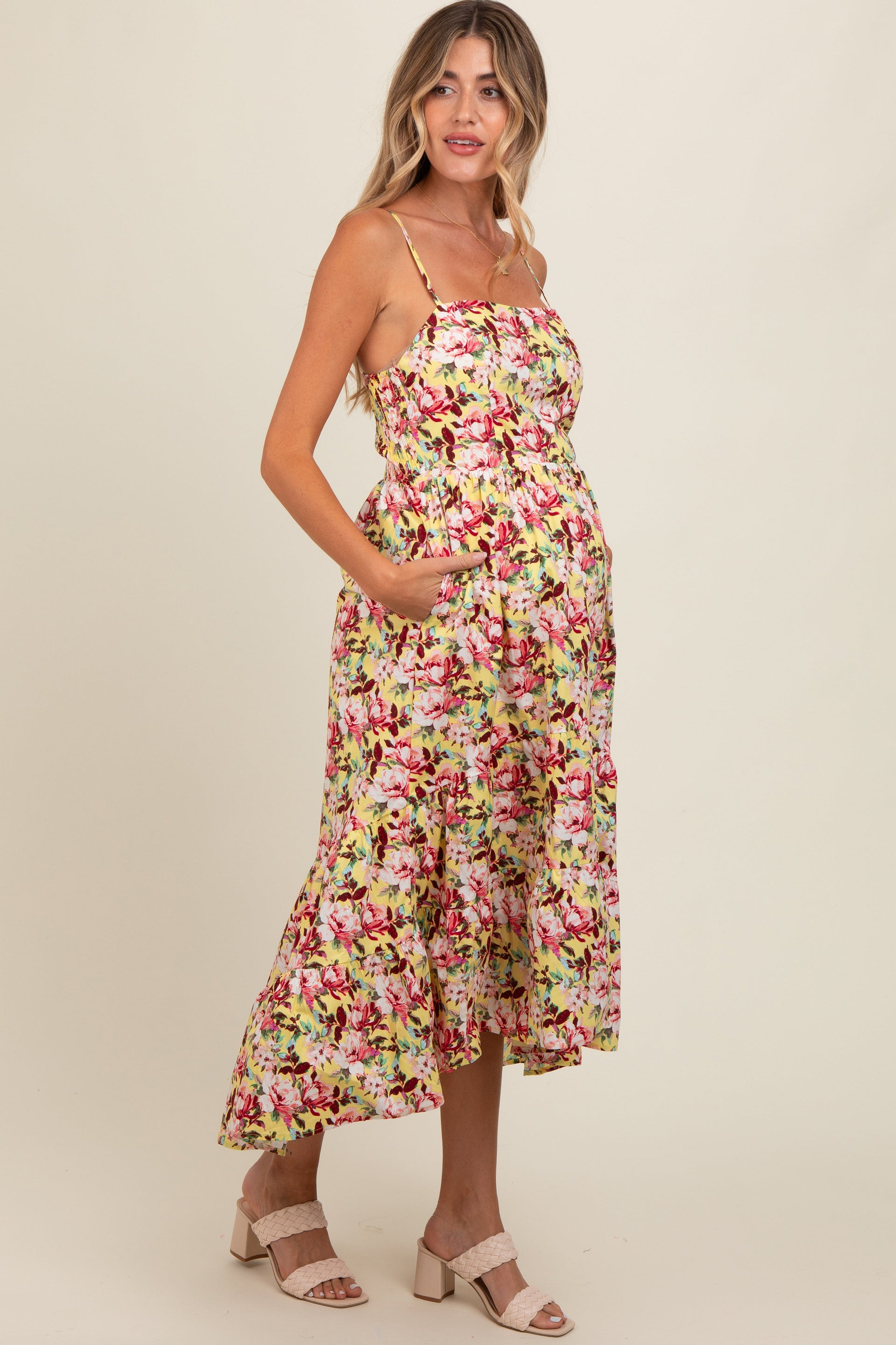 Yellow Floral Tiered Hi-Low Maternity Midi Dress - Image 3