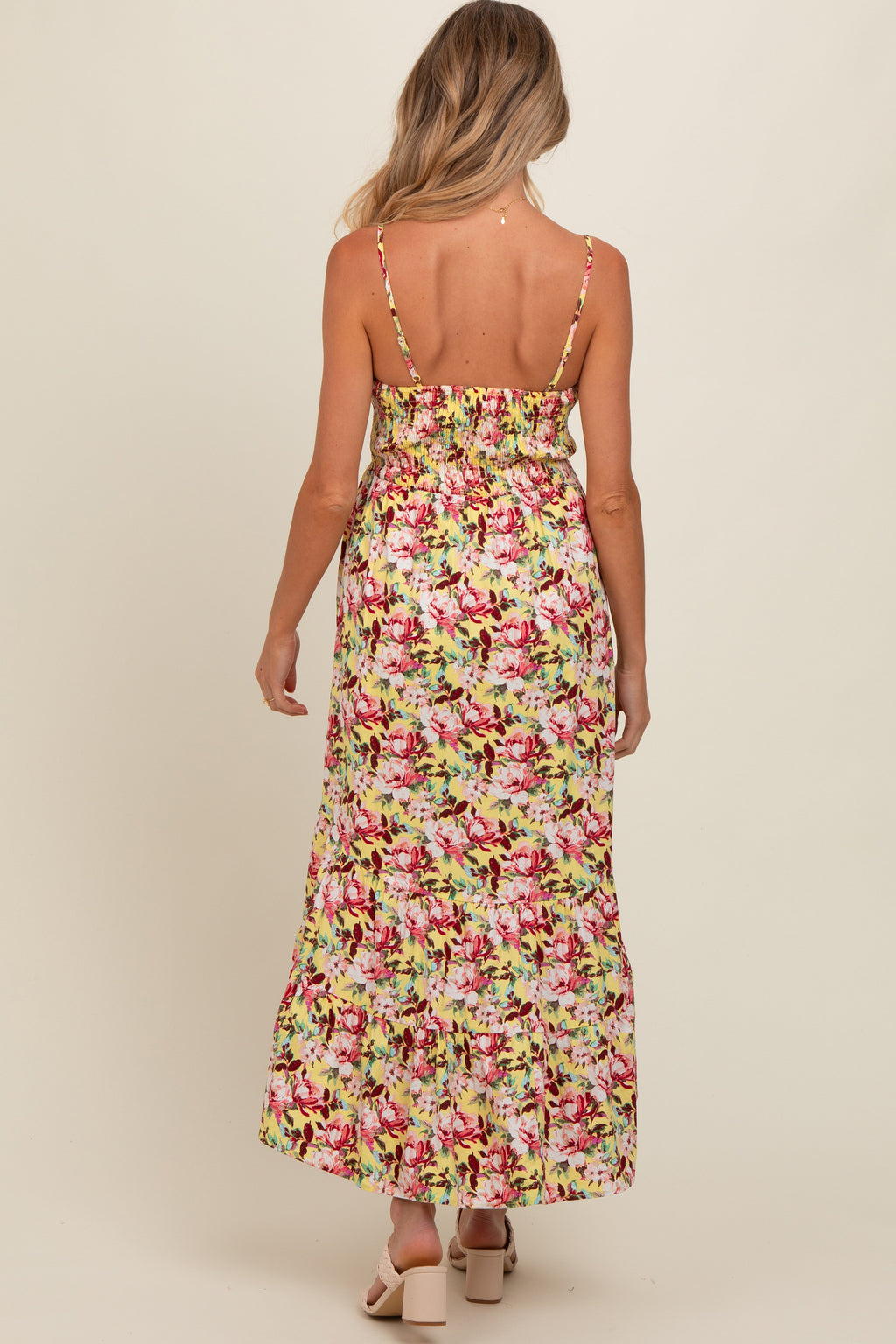 Yellow Floral Tiered Hi-Low Maternity Midi Dress - Image 4