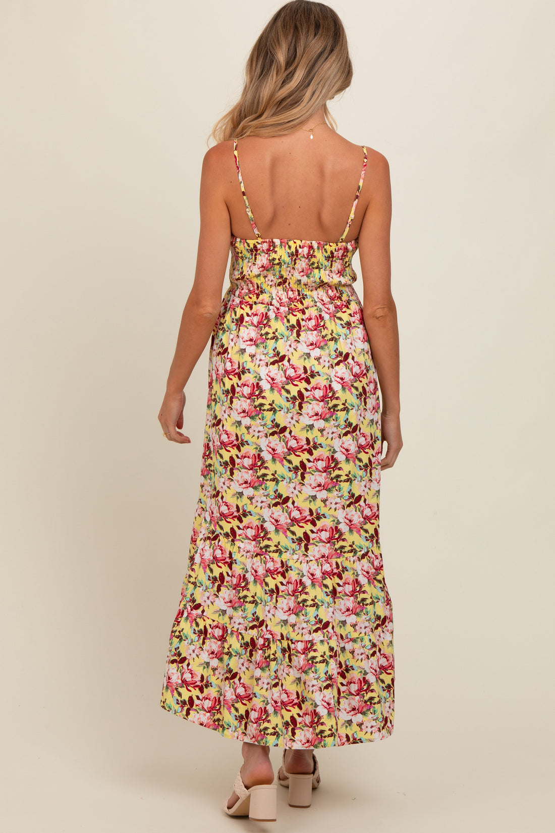 Yellow Floral Tiered Hi-Low Maternity Midi Dress - Image 4