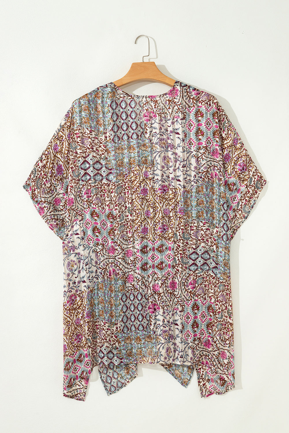 Apricot Floral Print Short Wide Sleeve Open Front Loose Kimono