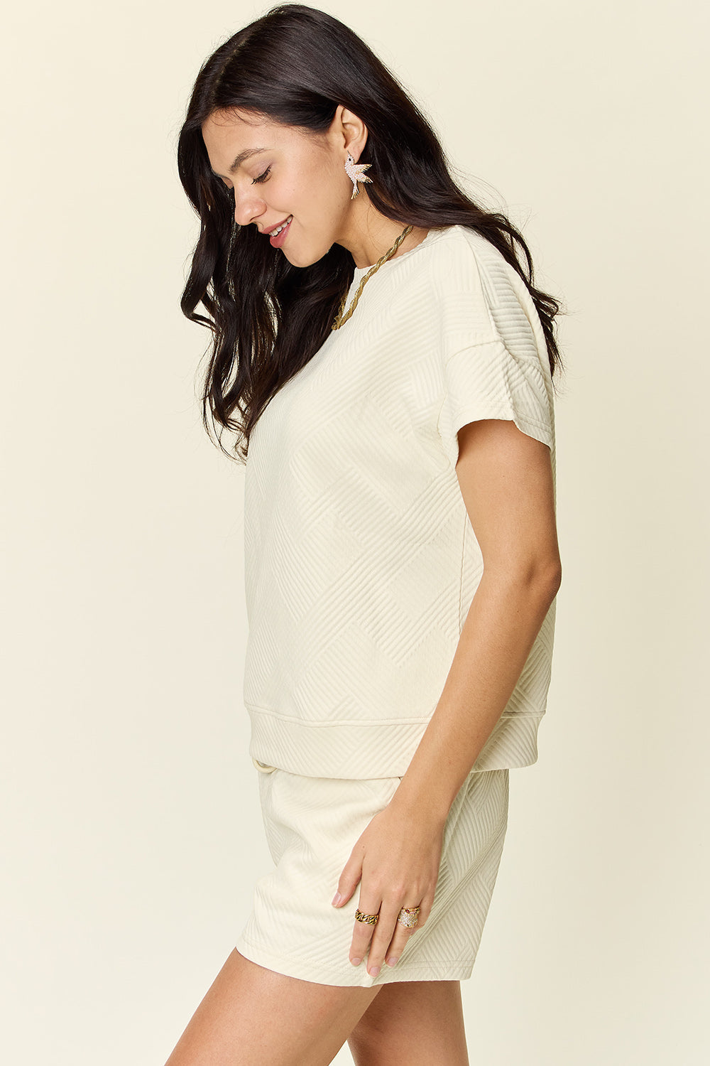 White Textured Drawstring Shorts and Relaxed Tee Lounge Set - Image 14