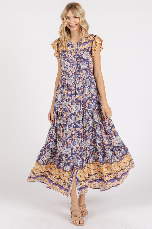 Floral Ruffled Notched Cap Sleeve Maxi Summer Dress