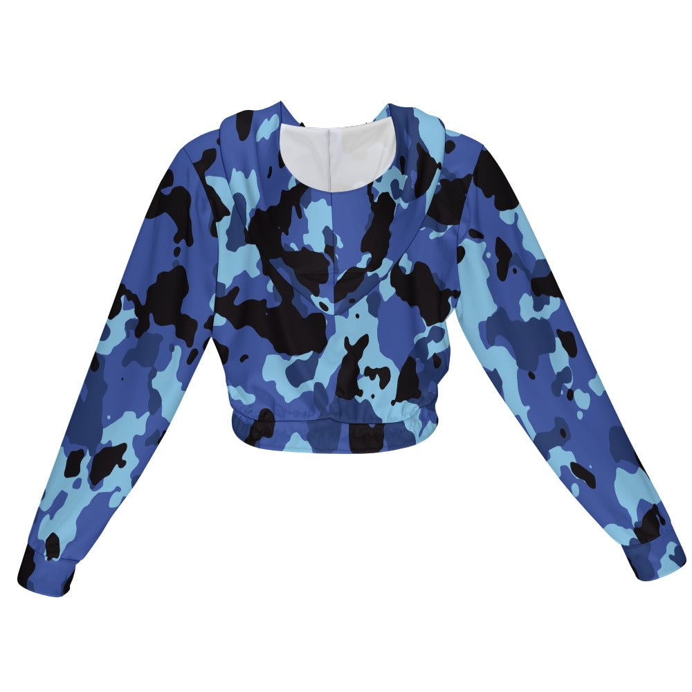 Front view of a women's blue camouflage print cropped zip-up jacket with a hood, on a white background.